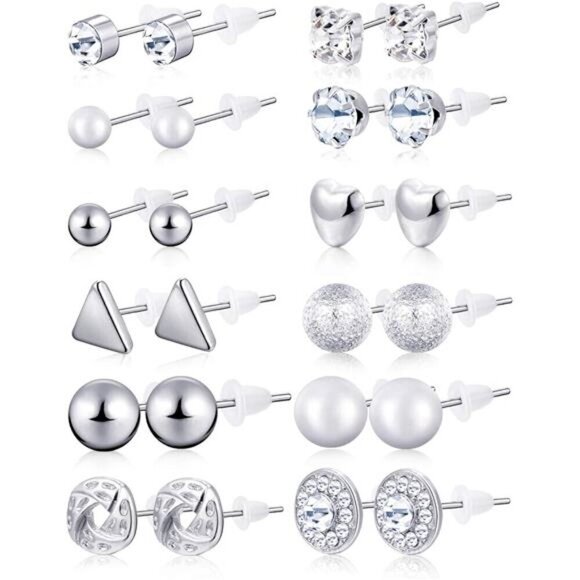 24 Pairs Stud Earrings Crystal Pearl Earring Set Ear Stud Silver Studs - Picture 1 of 7